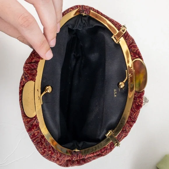 Vintage 70s Velvet Paisley Print Bag Purse Red - Picture 7 of 12